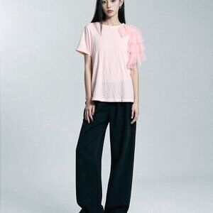 Women's Pink T-Shirt with Tulle and Pearl Ruffle Sleeve Asymmetrical Style Sz S